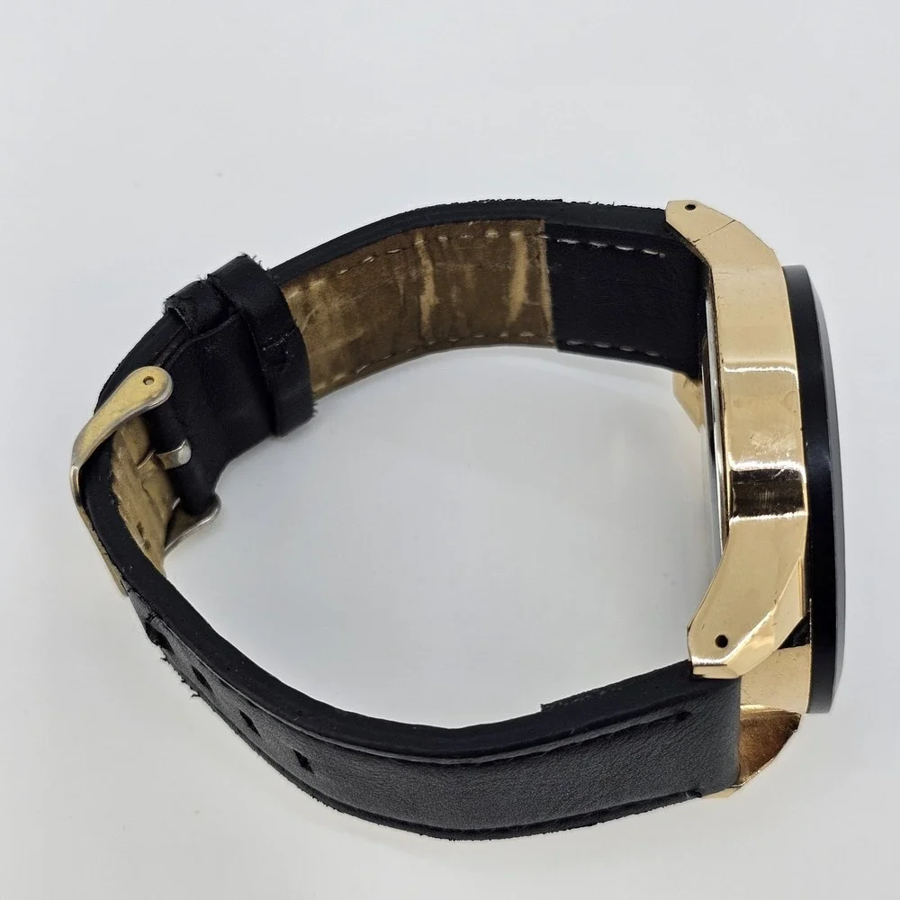 Men's Analog Watch 46MM Black Dial Black Faux‎ Leather Bands New Battery
